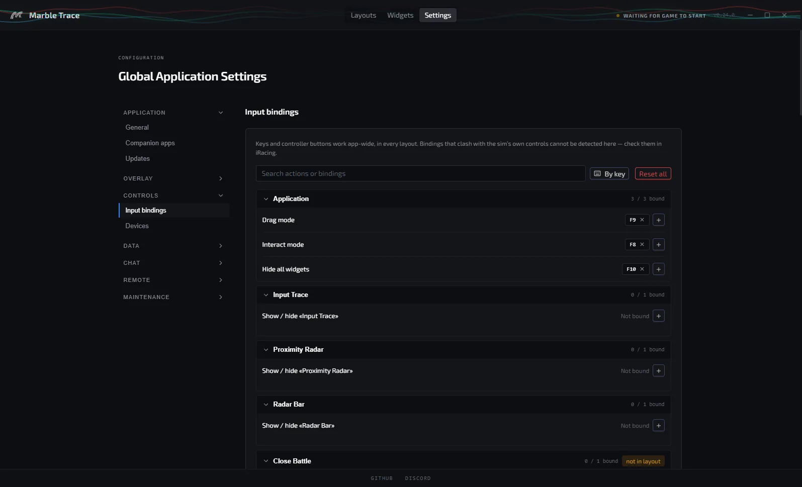 Input bindings: drag mode on F9, interact mode on F8, hide all widgets on F10