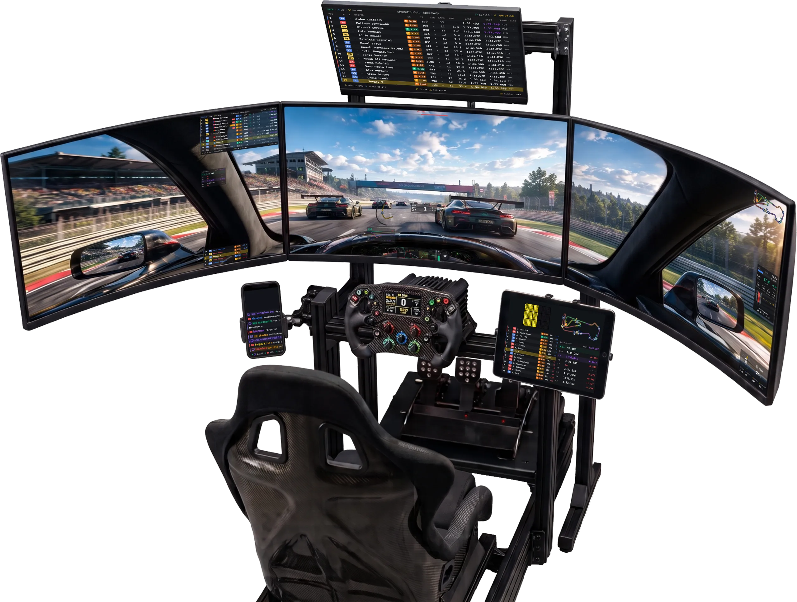 A sim racing rig with a triple monitor, a monitor above it, a tablet and a phone on the cockpit
