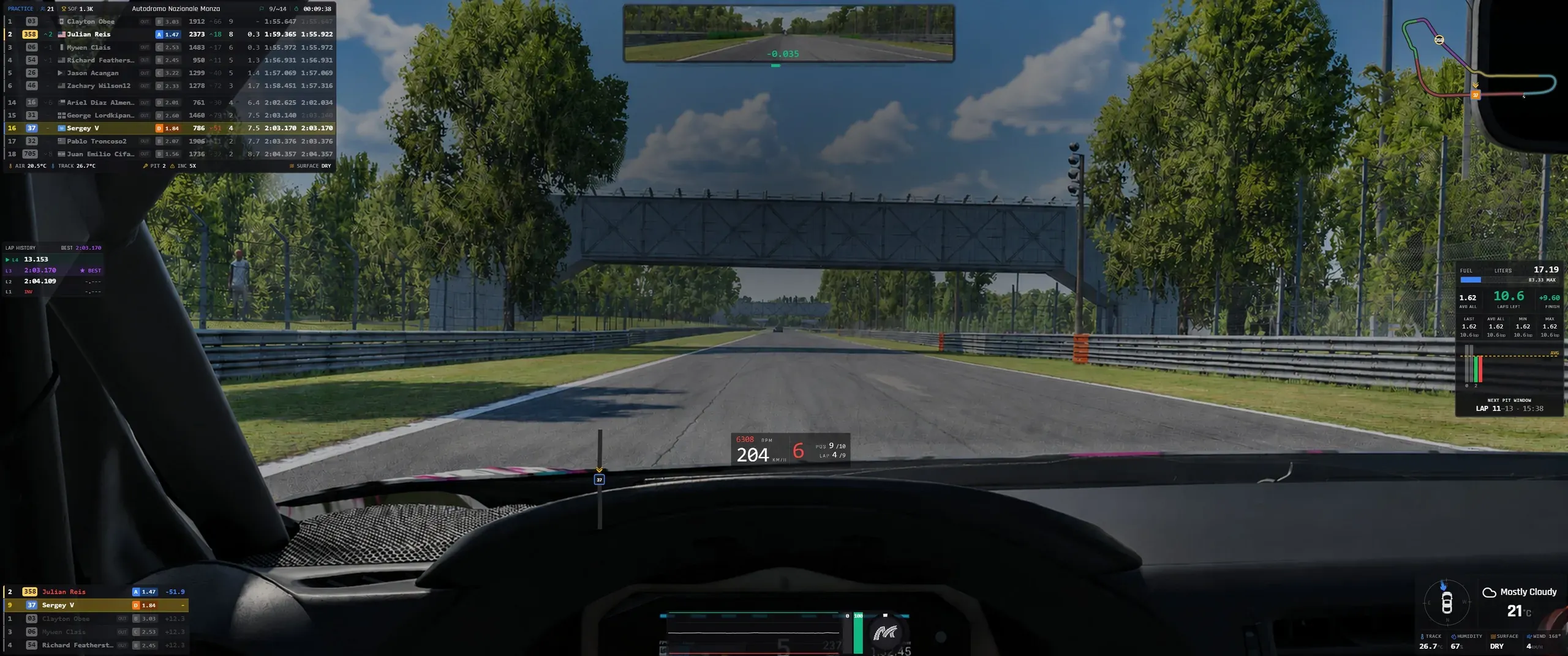 Marble Trace widgets over the iRacing cockpit: standings, relative, track map, fuel, weather, radar and the race dash