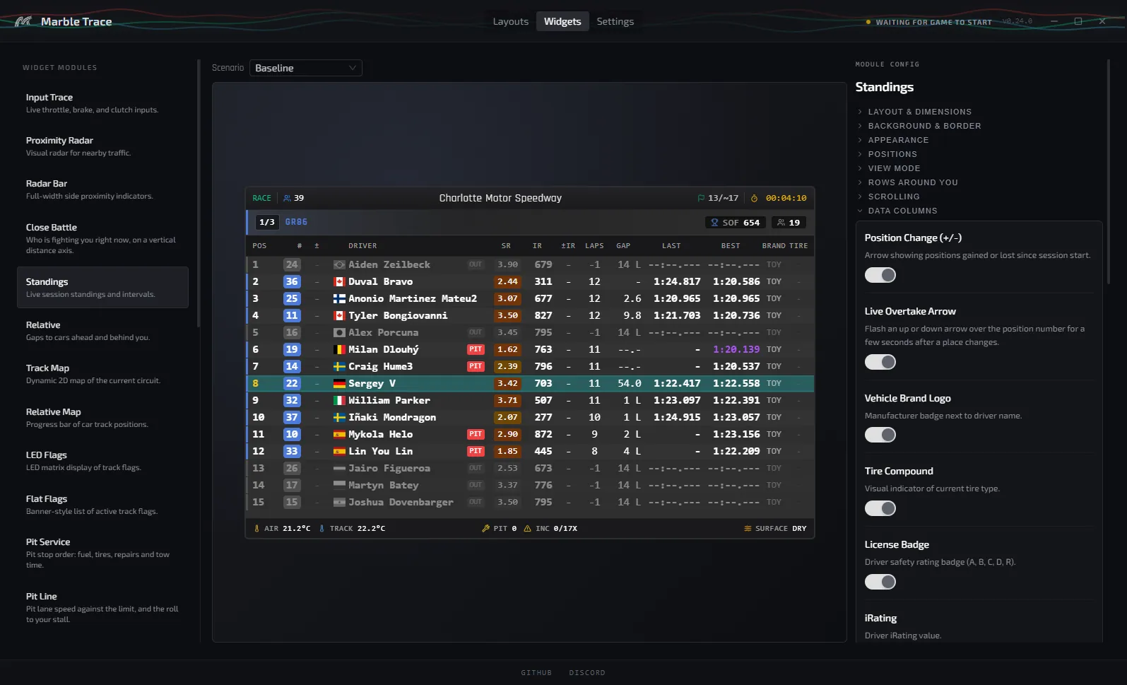 Standings open in the widget settings: a live preview of the table beside its column switches